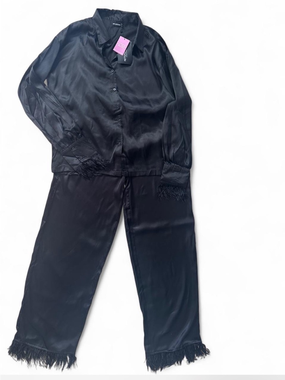 Pretty Little Thing Black Satin Feather Trim pj set
